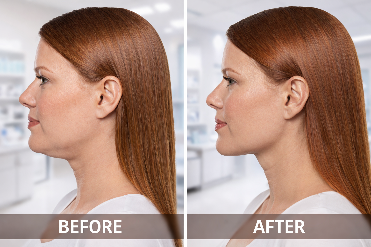 Lipo Shots for Face & Body results: before and after profile comparison showcasing enhanced facial contours.