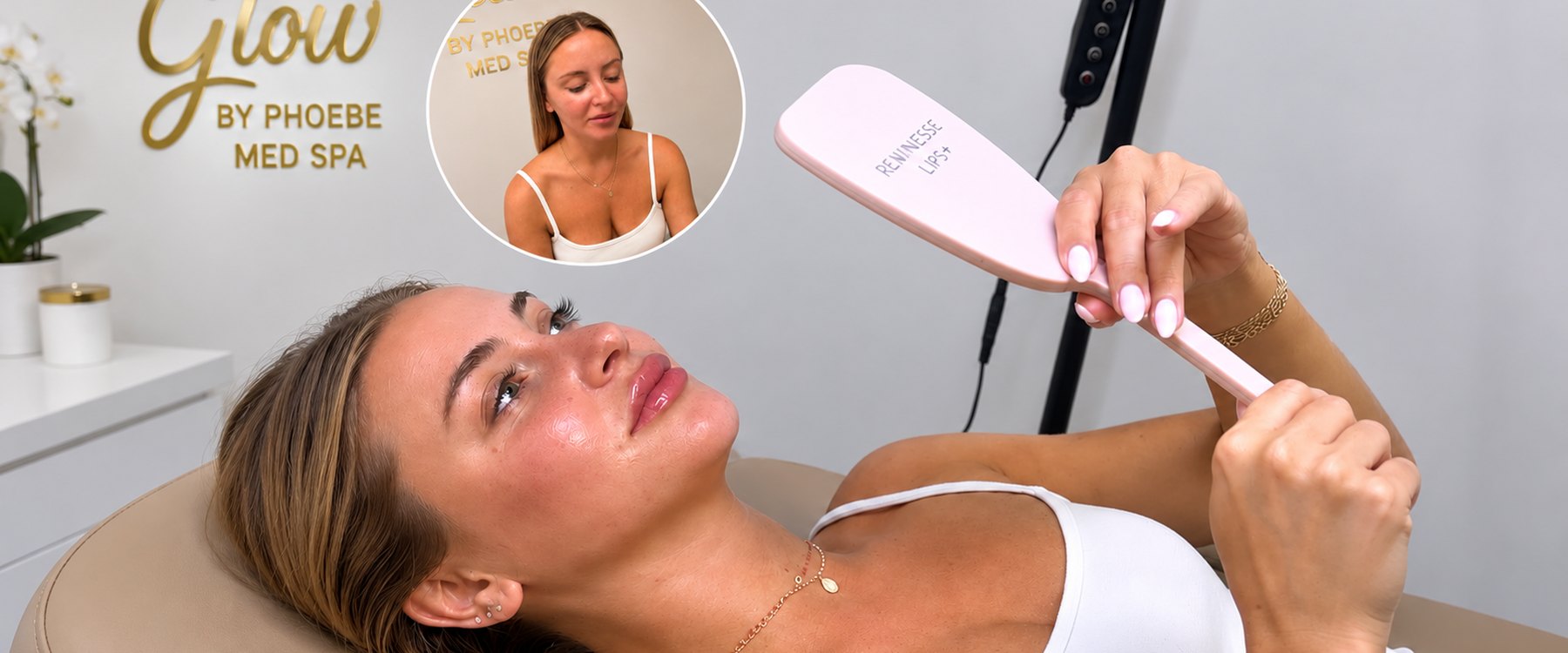 A client holding a hand mirror after a lip treatment at Glow by Phoebe Med Spa