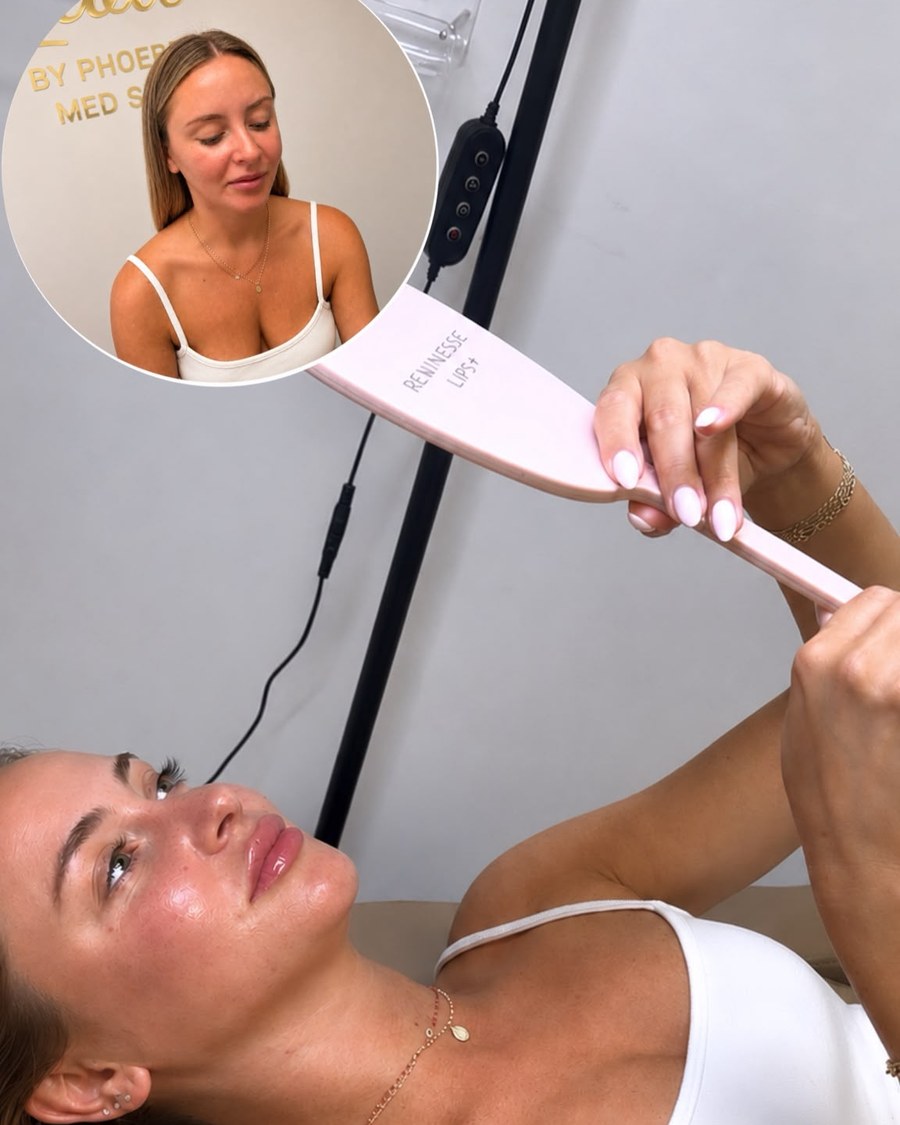 A client seeing her result in the mirror at Glow by Phoebe Med Spa