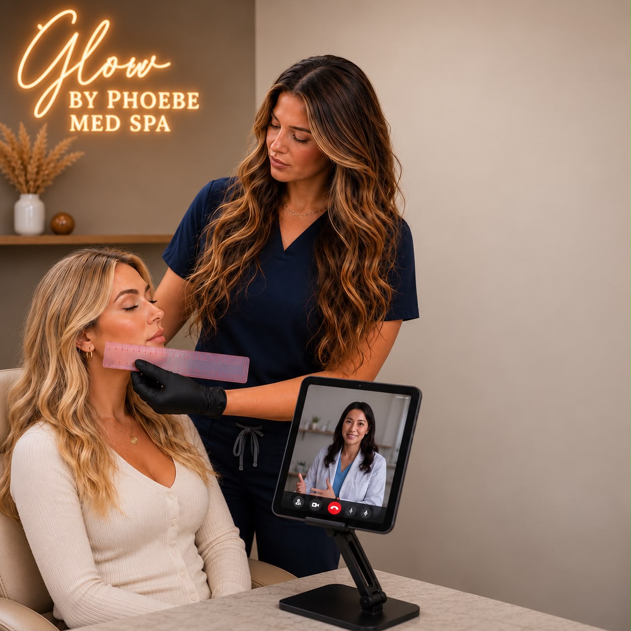 A consultation at Glow by Phoebe Med Spa: facial proportions being assessed in the chair, with the medical provider joining by video